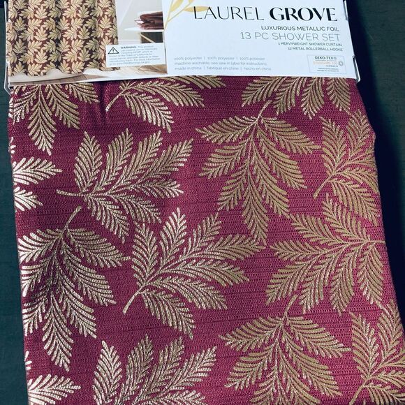 Metallic Gold Burgundy Red Holiday Shower Curtain Set - Picture 2 of 4